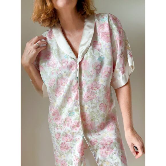 Vintage 80s floral Print Satin Nightgown Pastels size Medium Pink white - Picture 3 of 7